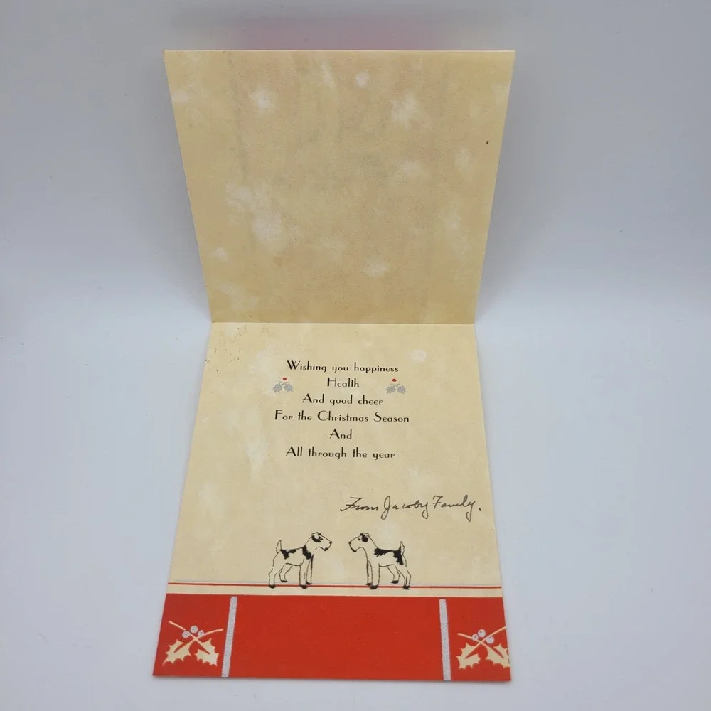 Vintage Holiday‎ Greetings Card Dog with Lamp Christmas Season